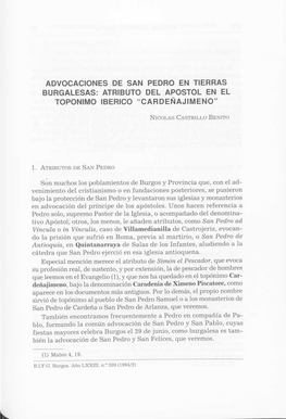 Advocaciones De San Pedro En Tierras Burgalesas: Atributo Del Apostol En El Toponimo Iberico 