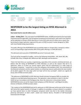 NEXPONOR to Be the Largest Listing on NYSE Alternext in 2013