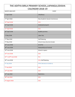 The Aditya Birla Primary School,Lapanga,Odisha Calendar 2018-19 Month and Date Event