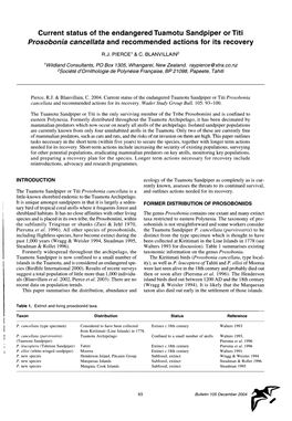 Current Status of the Endangered Tuamotu Sandpiper Or Titi Prosobonia Cancellata and Recommended Actions for Its Recovery