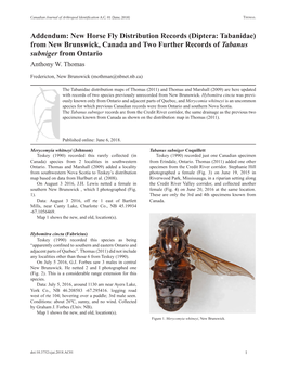 Diptera: Tabanidae) from New Brunswick, Canada and Two Further Records of Tabanus Subniger from Ontario Anthony W