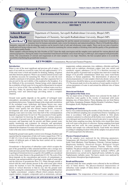 Physico-Chemical Analysis of Water in and Around Satna District