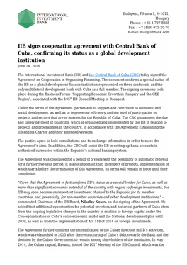 IIB Signs Cooperation Agreement with Central Bank of Cuba, Confirming Its Status As a Global Development Institution June 24, 2016