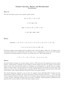 Number Systems: Binary and Hexadecimal Tom Brennan