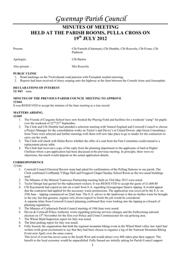 Gwennap Parish Council MINUTES of MEETING HELD at the PARISH ROOMS, PULLA CROSS on 19Th JULY 2012