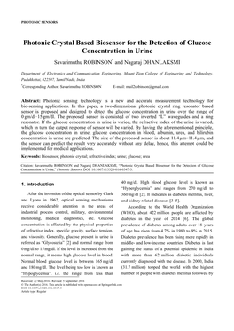 Photonic Crystal Based Biosensor for the Detection of Glucose Concentration in Urine Savarimuthu ROBINSON* and Nagaraj DHANLAKSMI