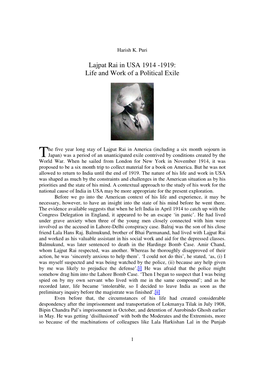 Lajpat Rai in USA 1914 -1919: Life and Work of a Political Exile