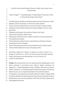 Trait Self-Control and Self-Discipline: Structure, Validity, and Invariance Across 2 National Groups 3 4 Martin S