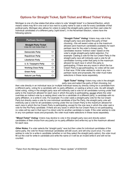 Options for Straight Ticket, Split Ticket and Mixed Ticket Voting