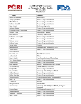 2Nd FDA/PQRI Conference on Advancing Product Quality 5-7 October 2015 Attendee List