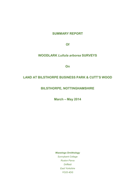 SUMMARY REPORT of WOODLARK Lullula Arborea SURVEYS On