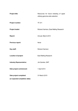 Project Title: Resources for Future Breeding of Apple Utilising Genome-Wide Selection