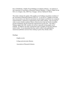 Eric J. Werthmann. Graphic Novel Holdings in Academic Libraries: an Analysis of the Collections of Association of Research Libraries Members