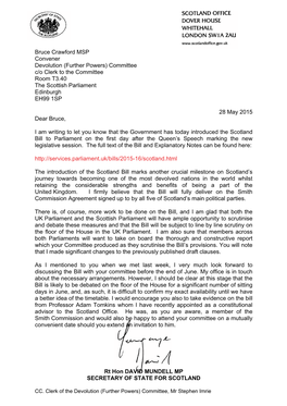 Bruce Crawford MSP Convener Devolution (Further Powers) Committee C/O Clerk to the Committee Room T3.40 the Scottish Parliament Edinburgh EH99 1SP