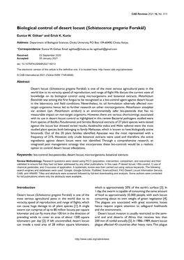 Biological Control of Desert Locust (Schistocerca Gregaria Forskål)