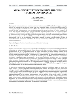 Managing Egyptian Tourism Through Tourism Governance