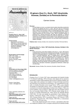 El Género Zora CL Koch, 1847 (Arachnida, Araneae, Zoridae)