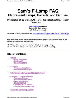 Sam's F-Lamp FAQ Fluorescent Lamps, Ballasts, and Fixtures Principles of Operation, Circuits, Troubleshooting, Repair Version 2.11
