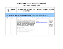 HOTELS and GUEST HOUSES in BRISTOL City Centre & Clifton Areas