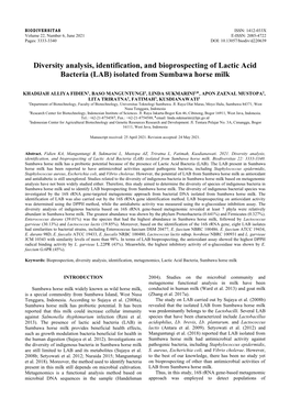 Diversity Analysis, Identification, and Bioprospecting of Lactic Acid Bacteria (LAB) Isolated from Sumbawa Horse Milk