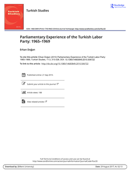 Parliamentary Experience of the Turkish Labor Party: 1965–1969