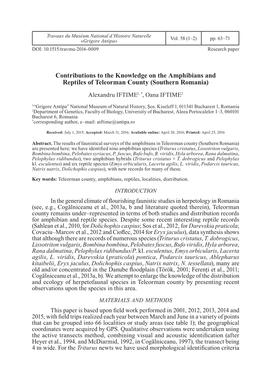 Contributions to the Knowledge on the Amphibians and Reptiles of Teleorman County (Southern Romania) Alexandru IFTIME1, *, Oana IFTIME2