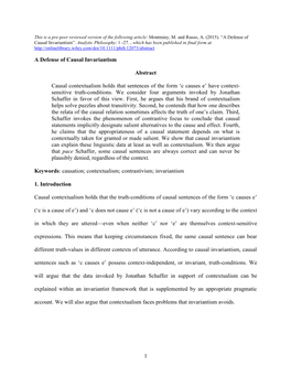 1 a Defense of Causal Invariantism Abstract Causal Contextualism