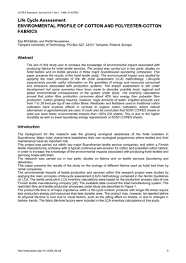 Life Cycle Assessment ENVIRONMENTAL PROFILE of COTTON and POLYESTER-COTTON FABRICS
