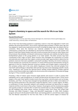 Organic Chemistry in Space and the Search for Life in Our Solar System