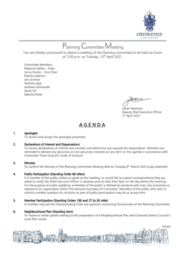 Planning Committee Meeting You Are Hereby Summoned to Attend a Meeting of the Planning Committee to Be Held Via Zoom at 7.00 P.M