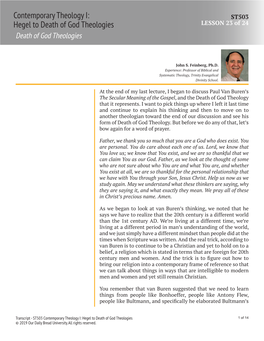 Contemporary Theology I: Hegel to Death of God Theologies God Death of to I: Hegel Theology ST503 Contemporary - Transcript Rights Reserved