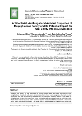 Antibacterial, Antifungal and Antiviral Properties of Malpighiaceae Family and Its Potential Impact for Oral Cavity Infectious Diseases