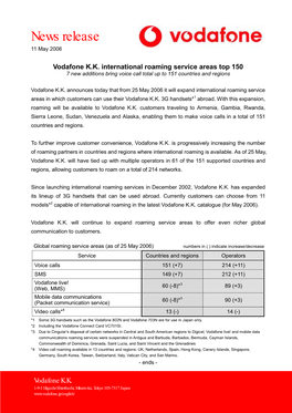 Vodafone KK International Roaming Service Areas Top