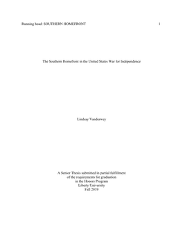 The Southern Homefront in the United States War for Independence