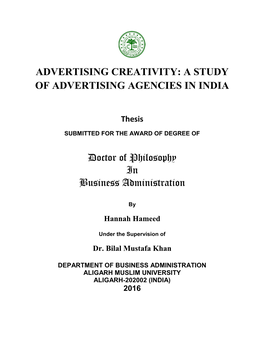Advertising Creativity: a Study of Advertising Agencies in India