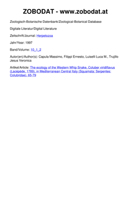 The Ecology of the Western Whip Snake, Coluber Viridiflavus (Lacépède, 1789), in Mediterranean Central Italy (Squamata: Serpentes: Colubridae)