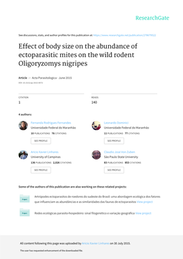 Effect of Body Size on the Abundance of Ectoparasitic Mites on the Wild Rodent Oligoryzomys Nigripes