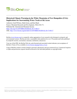 (USA): Implications for Snowmaking Water Needs at Ski Areas Author(S): Geoff Wilson, Mark Green, and Ken Mack Source: Mountain Research and Development, 38(2):164-171