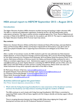 HEA Annual Report to HEFCW September 2013 – August 2014