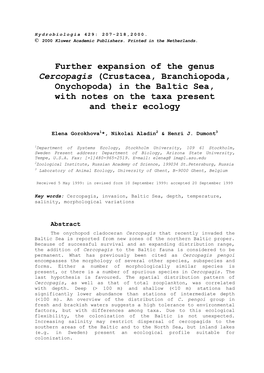 Crustacea, Branchiopoda, Onychopoda) in the Baltic Sea, with Notes on the Taxa Present and Their Ecology