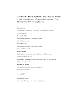 The Pan-STARRS Synthetic Solar System Model: a Tool for Testing and Eﬃciency Determination of the Moving Object Processing System