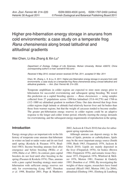 Higher Pre-Hibernation Energy Storage in Anurans from Cold Environments: a Case Study on a Temperate Frog Rana Chensinensis Alon