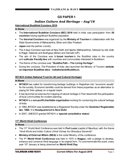 GS PAPER 1 Indian Culture and Heritage – Aug'18