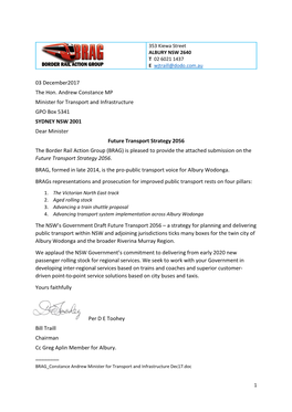 03 December2017 the Hon. Andrew Constance MP Minister for Transport and Infrastructure GPO Box 5341 SYDNEY NSW 2001 Dear Ministe