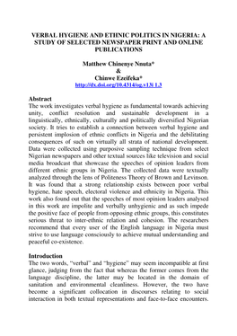 VERBAL HYGIENE and ETHNIC POLITICS in NIGERIA: a STUDY of SELECTED NEWSPAPER PRINT and ONLINE PUBLICATIONS Matthew Chinenye Nnut