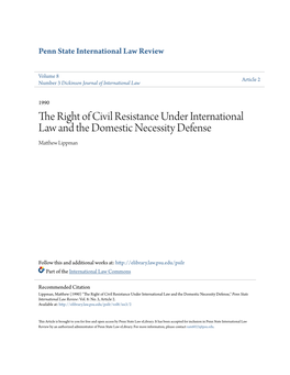 The Right of Civil Resistance Under International Law and the Domestic Necessity Defense Matthew Lippman