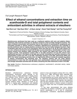 Effect of Ethanol Concentrations and Extraction Time on Acanthoside-D and Total Polyphenol Contents and Antioxidant Activities in Ethanol Extracts of Eleuthero