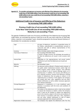 Additional Credit Line of Issuance and Offering of the Debenture by Increasing THB 3,000 Million