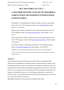 T Fly…' a Transdisciplinary Analysis of Neoliberal Agricultural Development
