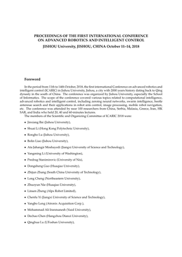 PROCEEDINGS of the FIRST INTERNATIONAL CONFERENCE on ADVANCED ROBOTICS and INTELLIGENT CONTROL JISHOU University, JISHOU, CHINA October 11–14, 2018